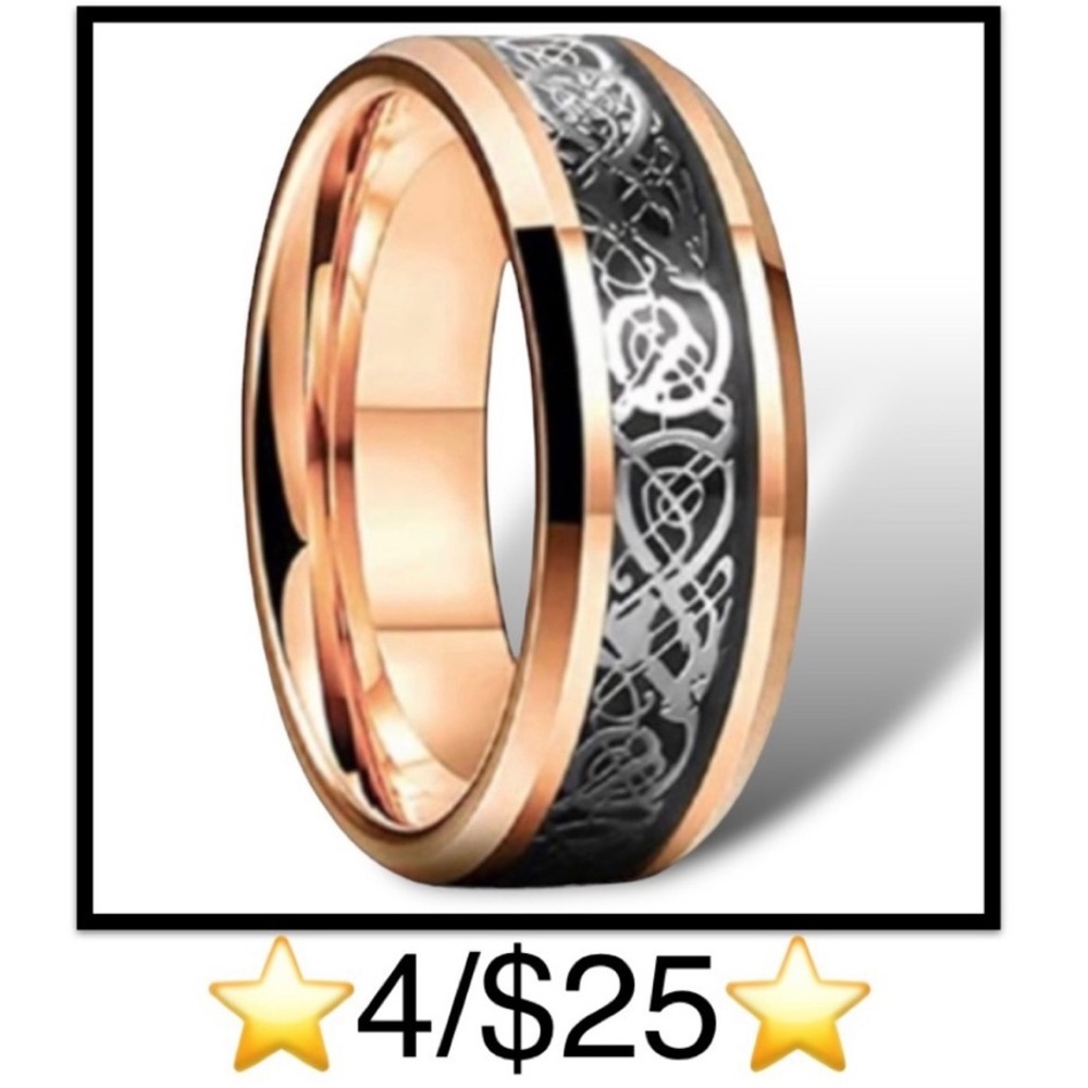 Stainless Steel Celtic Dragon Ring, Rose Gold Tone & Black, Size 7